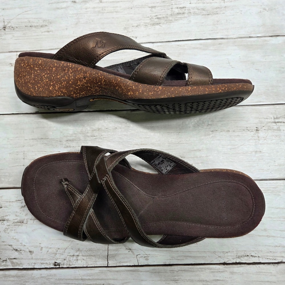 Merrell Sundial Cross Wedge Sandals Womens 7 Antique Brass Metallic Brown J40818